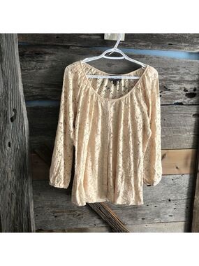 Fenn Wright Manson Plus Size 2X Beige/Tan Lace Overlay button down top